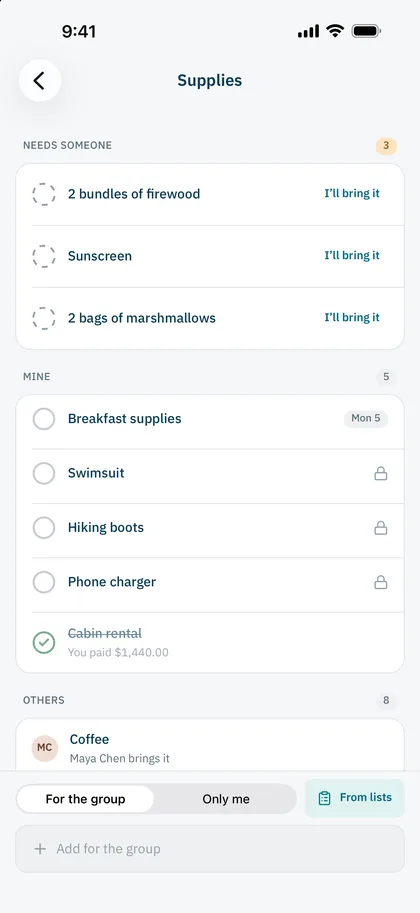 Supplies screen: Needs someone lists 2 bundles of firewood, Sunscreen and 2 bags of marshmallows, each with I’ll bring it; Mine lists Breakfast supplies for Monday and three private items, with Cabin rental done; Others shows Coffee, which Maya Chen brings.